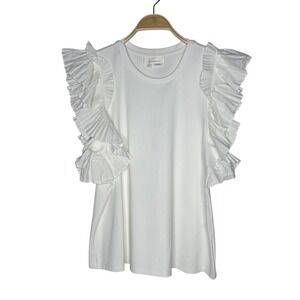 Anthropologie White Ruffle Sleeve T Shirt Top Size L